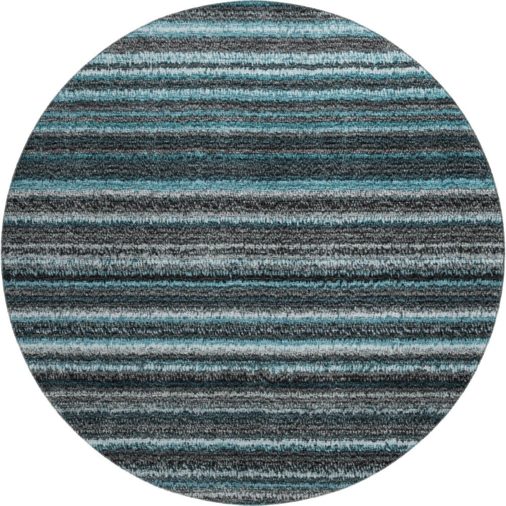 HomeRoots 8' Teal and Gray Striped Washable Round Rug - Durable, Soft, UV Protected for Family Spaces & More! 650827