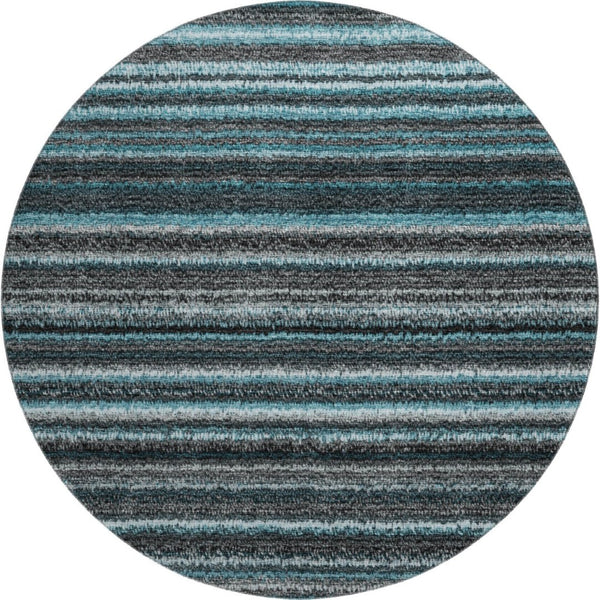HomeRoots 8' Teal and Gray Striped Washable Round Rug - Durable, Soft, UV Protected for Family Spaces & More! 650827