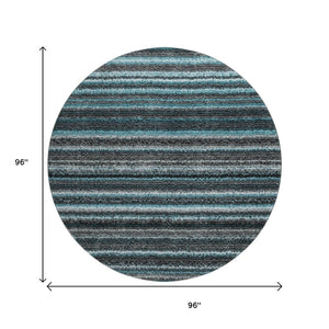 HomeRoots 8' Teal and Gray Striped Washable Round Rug - Durable, Soft, UV Protected for Family Spaces & More! 650827