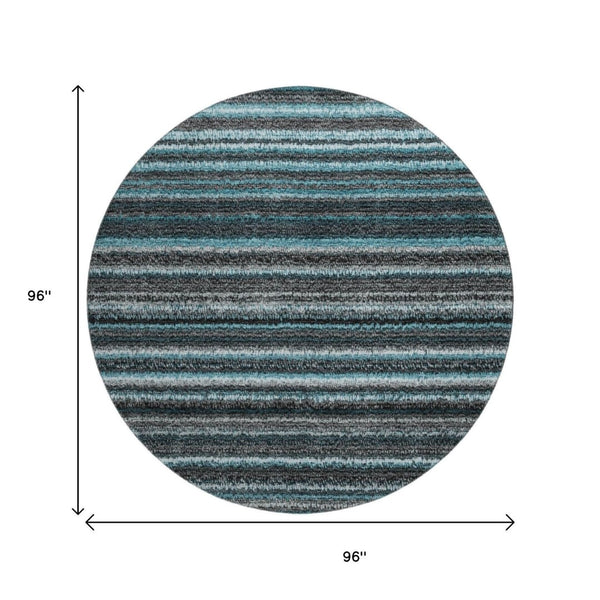 HomeRoots 8' Teal and Gray Striped Washable Round Rug - Durable, Soft, UV Protected for Family Spaces & More! 650827