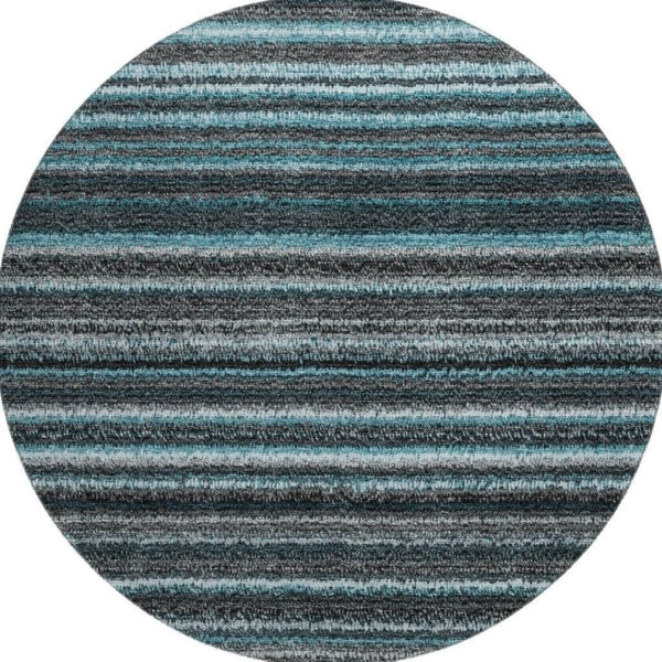 HomeRoots 8' Teal and Gray Striped Washable Round Rug - Durable, Soft, UV Protected for Family Spaces & More! 650827