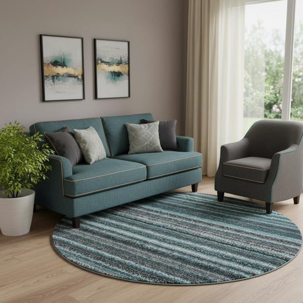 HomeRoots 8' Teal and Gray Striped Washable Round Rug - Durable, Soft, UV Protected for Family Spaces & More! 650827