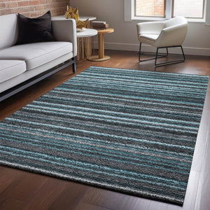 HomeRoots 8' X 10' Teal and Gray Striped Area Rug - Durable, Washable, UV-Protected for High-Traffic Spaces 650828