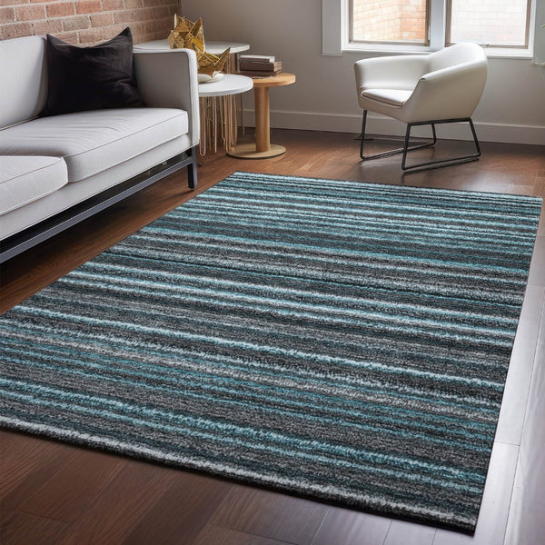 HomeRoots 8' X 10' Teal and Gray Striped Area Rug - Durable, Washable, UV-Protected for High-Traffic Spaces 650828