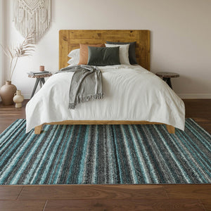 HomeRoots 8' X 10' Teal and Gray Striped Area Rug - Durable, Washable, UV-Protected for High-Traffic Spaces 650828