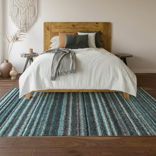 HomeRoots 8' X 10' Teal and Gray Striped Area Rug - Durable, Washable, UV-Protected for High-Traffic Spaces 650828