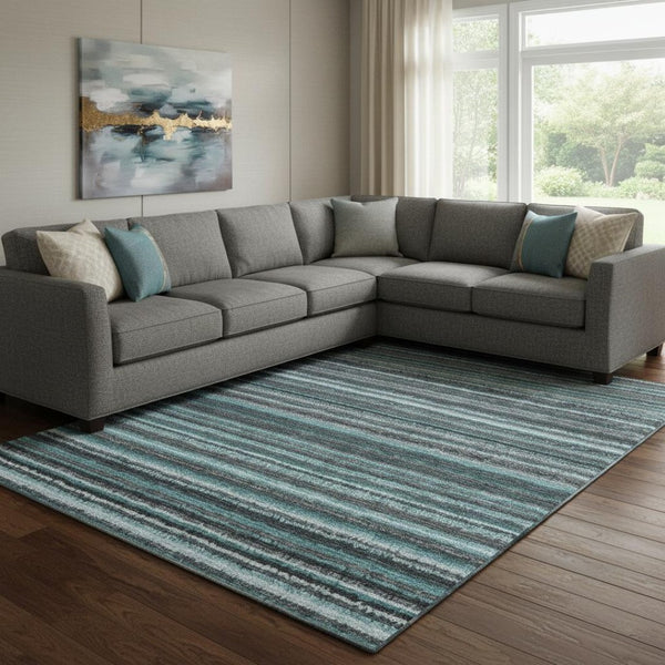 HomeRoots 8' X 10' Teal and Gray Striped Area Rug - Durable, Washable, UV-Protected for High-Traffic Spaces 650828