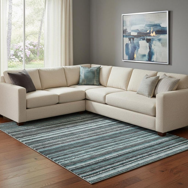 HomeRoots 9' X 12' Striped Teal and Gray Washable Area Rug - Durable, Stain-Resistant, UV Protected Design! 650829