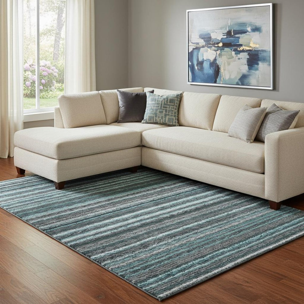 HomeRoots 10' Teal and Gray Striped Washable Area Rug - Durable, UV-Protected, Ideal for Busy Households! 650830
