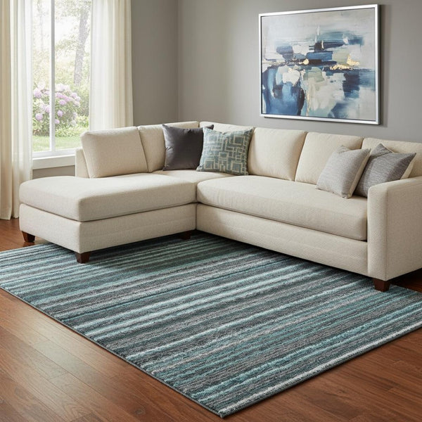 HomeRoots 10' Teal and Gray Striped Washable Area Rug - Durable, UV-Protected, Ideal for Busy Households! 650830