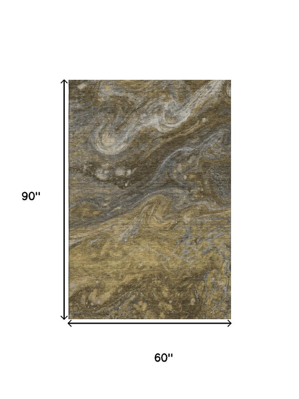 HomeRoots 5' X 8' Abstract Area Rug in Brown, Gray & Ivory - Washable, UV-Protected, Durable for Family Homes 650832