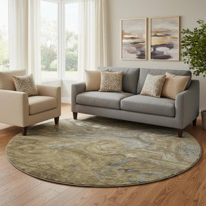 HomeRoots 8' Washable Round Rug in Brown, Gray & Ivory - UV Protected, Modern Abstract Design for Busy Homes 650833