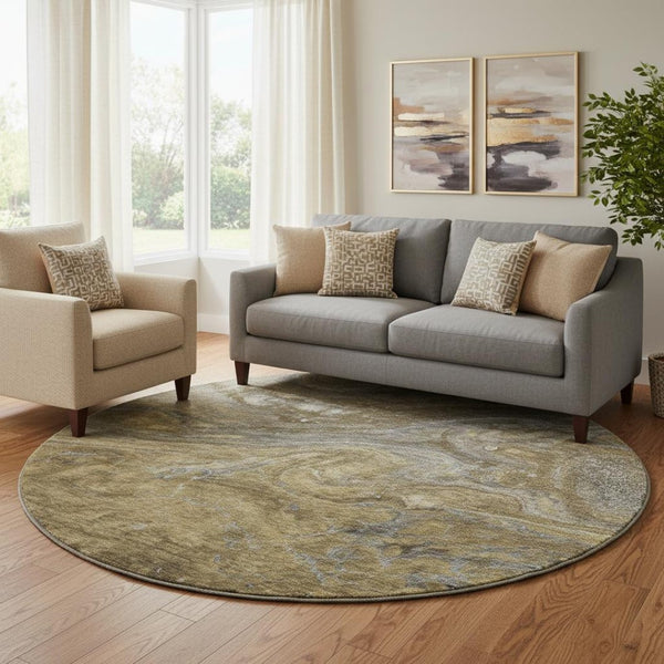 HomeRoots 8' Washable Round Rug in Brown, Gray & Ivory - UV Protected, Modern Abstract Design for Busy Homes 650833
