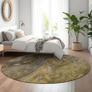 HomeRoots 8' Washable Round Rug in Brown, Gray & Ivory - UV Protected, Modern Abstract Design for Busy Homes 650833