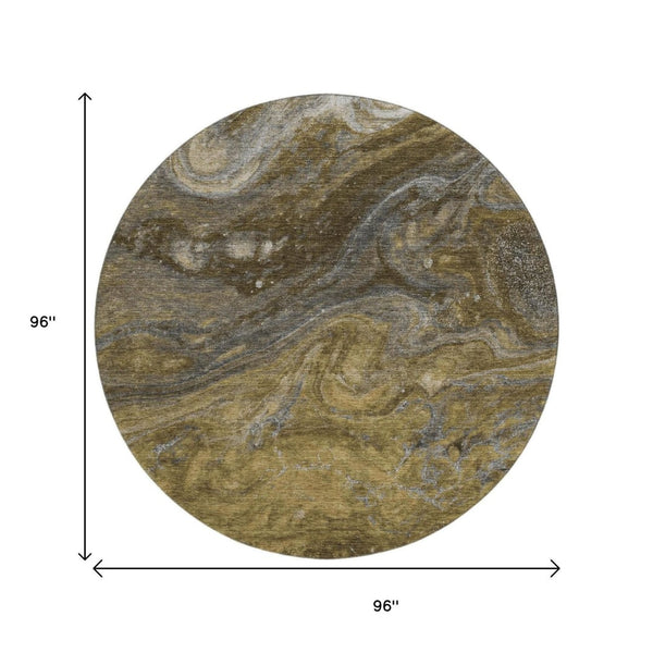 HomeRoots 8' Washable Round Rug in Brown, Gray & Ivory - UV Protected, Modern Abstract Design for Busy Homes 650833