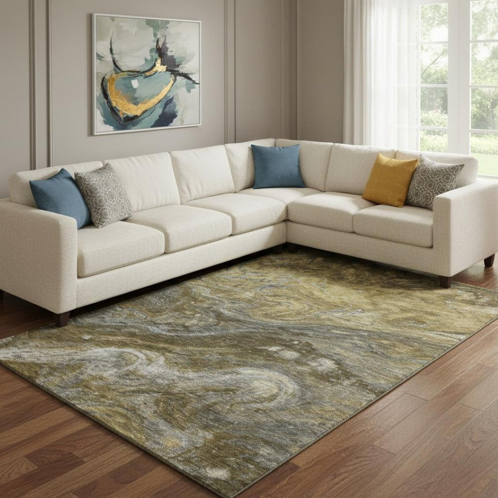 HomeRoots 8' X 10' Washable Brown Gray Ivory Abstract Area Rug with UV Protection for Modern Living Spaces 650834