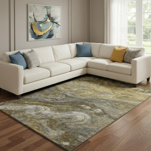 HomeRoots 8' X 10' Washable Brown Gray Ivory Abstract Area Rug with UV Protection for Modern Living Spaces 650834