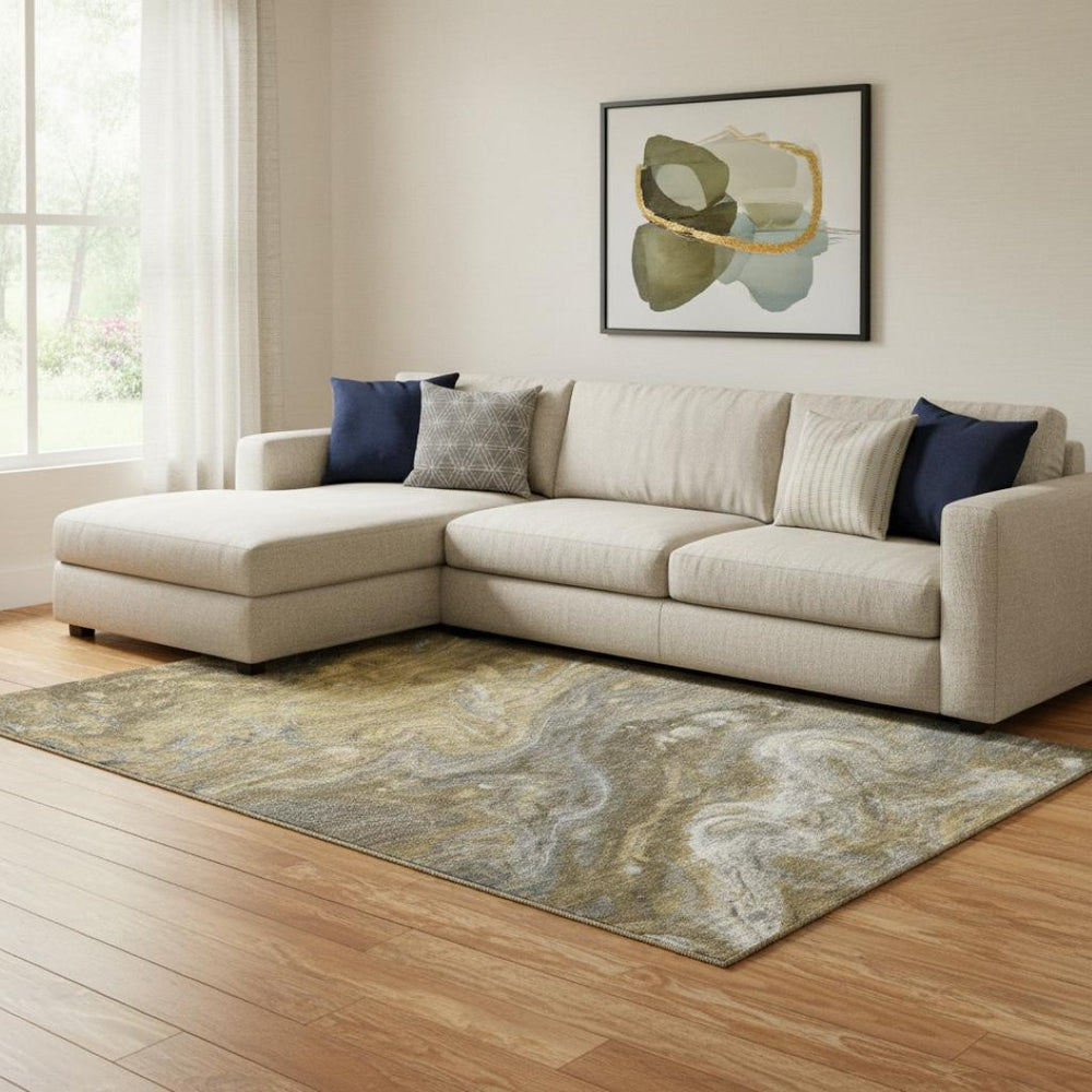 HomeRoots 9' X 12' Stylish Brown Gray Ivory Abstract Washable Area Rug with UV Protection for High-Traffic Spaces 650835
