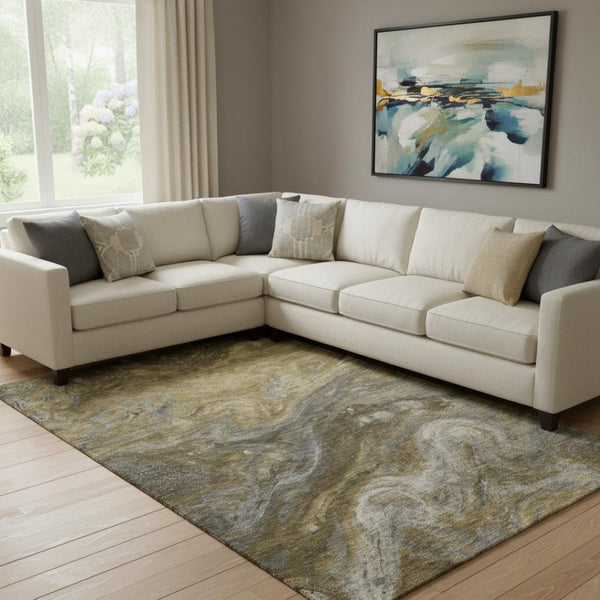 HomeRoots 10' X 14' Modern Abstract Washable Area Rug in Brown, Gray & Ivory with UV Protection & Stain Resistance 650836