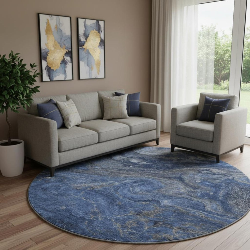 HomeRoots 8' Blue Gray and Ivory Abstract Round Washable Rug – UV Protected, Stain Resistant & Stylish Decor Addition 650839