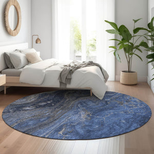 HomeRoots 8' Blue Gray and Ivory Abstract Round Washable Rug – UV Protected, Stain Resistant & Stylish Decor Addition 650839