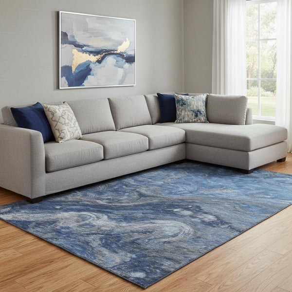HomeRoots 9' X 12' Abstract Blue Gray & Ivory Washable Area Rug with UV Protection for Family-Friendly Homes 650841
