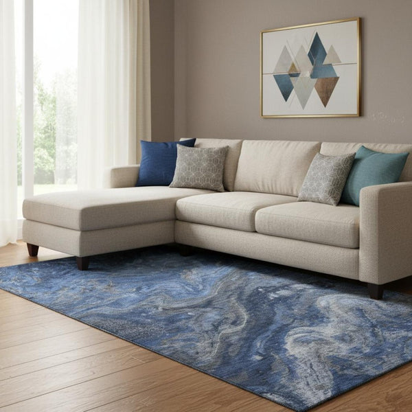 HomeRoots 10' X 14' Stylish Blue-Gray & Ivory Abstract Area Rug - Washable, UV Protected, Stain Resistant! 650842