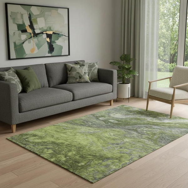 HomeRoots 5' X 8' Abstract Washable Area Rug in Green, Gray & Ivory - UV Protected, Durable & Easy-Care Design 650844