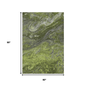 HomeRoots 5' X 8' Abstract Washable Area Rug in Green, Gray & Ivory - UV Protected, Durable & Easy-Care Design 650844
