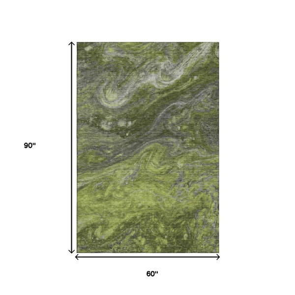HomeRoots 5' X 8' Abstract Washable Area Rug in Green, Gray & Ivory - UV Protected, Durable & Easy-Care Design 650844