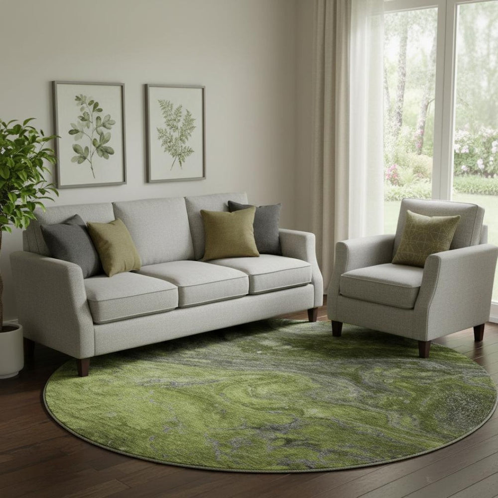 HomeRoots 8' Stylish Green, Gray & Ivory Abstract Round Rug - Washable, UV-Protected, Family-Friendly Design 650845