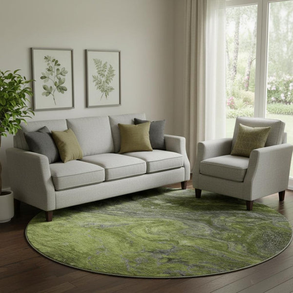 HomeRoots 8' Stylish Green, Gray & Ivory Abstract Round Rug - Washable, UV-Protected, Family-Friendly Design 650845