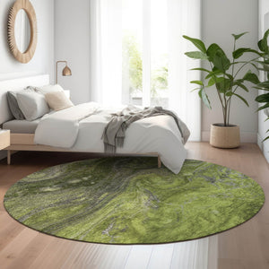 HomeRoots 8' Stylish Green, Gray & Ivory Abstract Round Rug - Washable, UV-Protected, Family-Friendly Design 650845