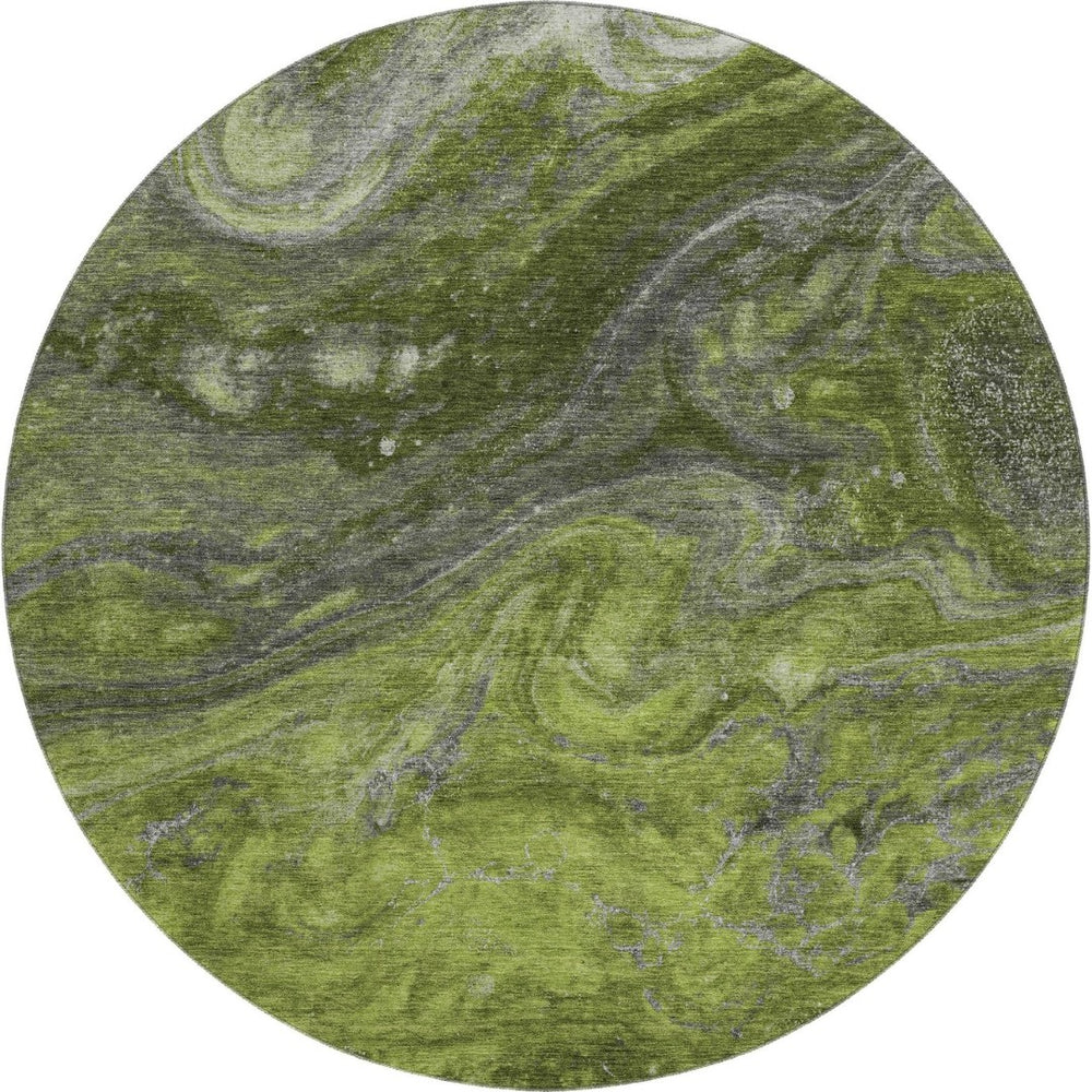 HomeRoots 8' Stylish Green, Gray & Ivory Abstract Round Rug - Washable, UV-Protected, Family-Friendly Design 650845