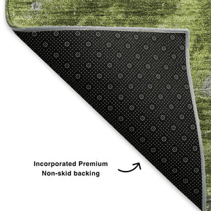 HomeRoots 8' Stylish Green, Gray & Ivory Abstract Round Rug - Washable, UV-Protected, Family-Friendly Design 650845