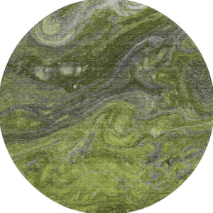 HomeRoots 8' Stylish Green, Gray & Ivory Abstract Round Rug - Washable, UV-Protected, Family-Friendly Design 650845