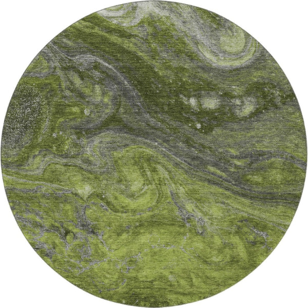 HomeRoots 8' Stylish Green, Gray & Ivory Abstract Round Rug - Washable, UV-Protected, Family-Friendly Design 650845