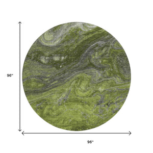 HomeRoots 8' Stylish Green, Gray & Ivory Abstract Round Rug - Washable, UV-Protected, Family-Friendly Design 650845