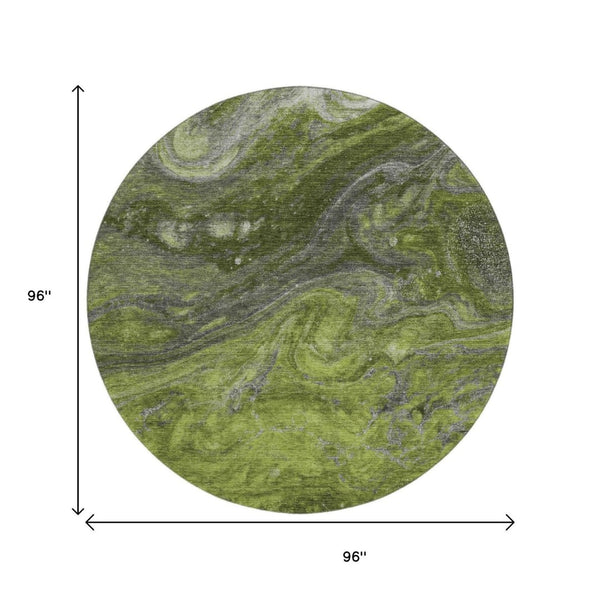 HomeRoots 8' Stylish Green, Gray & Ivory Abstract Round Rug - Washable, UV-Protected, Family-Friendly Design 650845