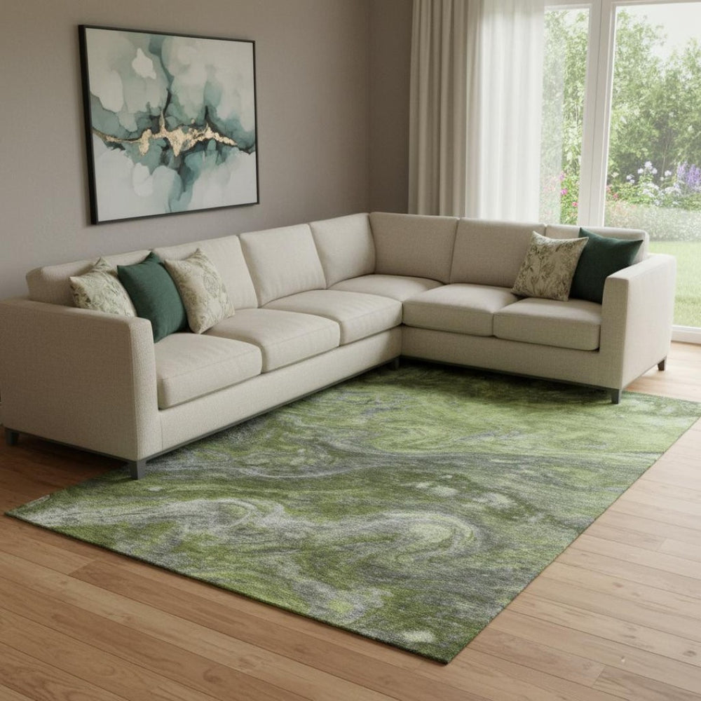 HomeRoots 8' X 10' Modern Abstract Area Rug in Green, Gray, Ivory - Washable, UV Protected, Easy Care Design 650846