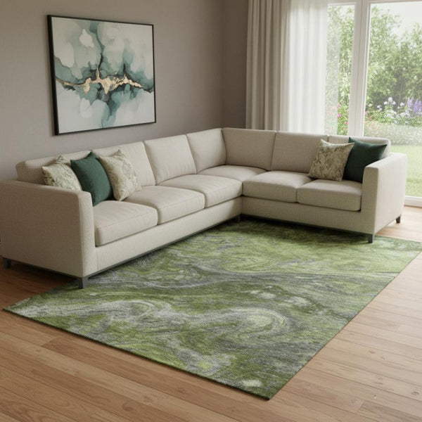 HomeRoots 8' X 10' Modern Abstract Area Rug in Green, Gray, Ivory - Washable, UV Protected, Easy Care Design 650846