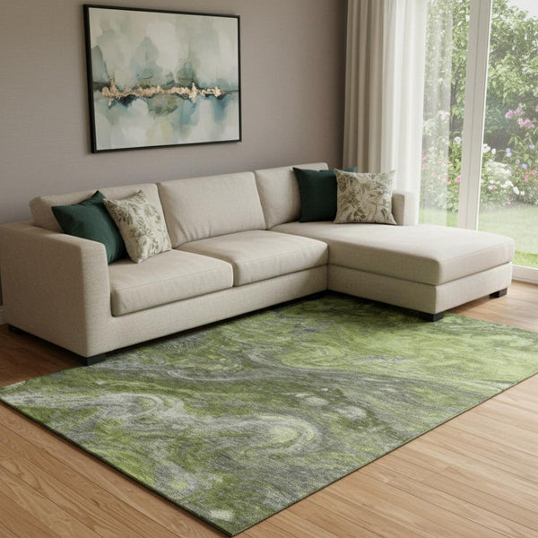HomeRoots 9' X 12' Abstract Area Rug in Green, Gray & Ivory - Washable, UV-Protected, Durable for High-Traffic Areas 650847