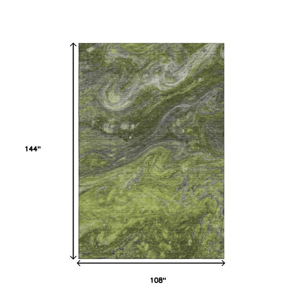 HomeRoots 9' X 12' Abstract Area Rug in Green, Gray & Ivory - Washable, UV-Protected, Durable for High-Traffic Areas 650847