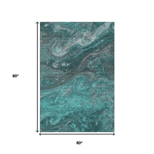 HomeRoots 5' X 8' Modern Teal Gray Ivory Abstract Area Rug - Washable, UV Protected, Stylish & Durable Design 650850