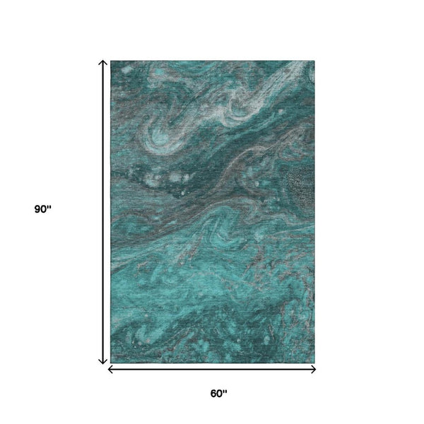 HomeRoots 5' X 8' Modern Teal Gray Ivory Abstract Area Rug - Washable, UV Protected, Stylish & Durable Design 650850