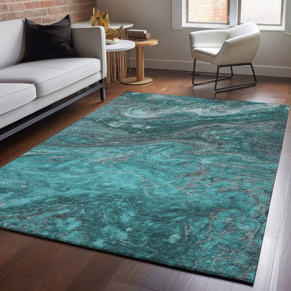 HomeRoots 5' X 8' Modern Teal Gray Ivory Abstract Area Rug - Washable, UV Protected, Stylish & Durable Design 650850