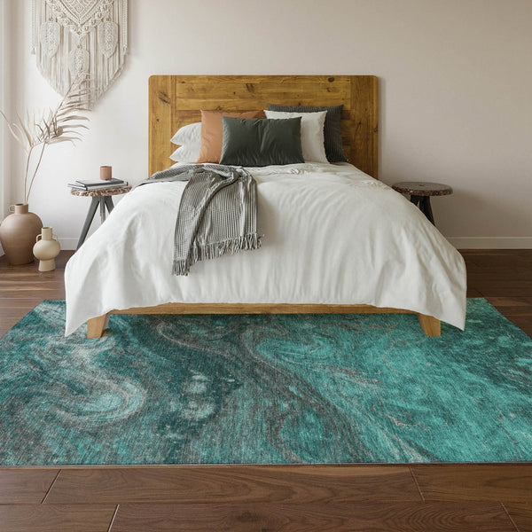 HomeRoots 5' X 8' Modern Teal Gray Ivory Abstract Area Rug - Washable, UV Protected, Stylish & Durable Design 650850