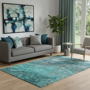 HomeRoots 5' X 8' Modern Teal Gray Ivory Abstract Area Rug - Washable, UV Protected, Stylish & Durable Design 650850