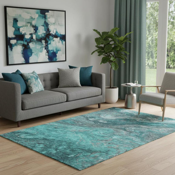 HomeRoots 5' X 8' Modern Teal Gray Ivory Abstract Area Rug - Washable, UV Protected, Stylish & Durable Design 650850