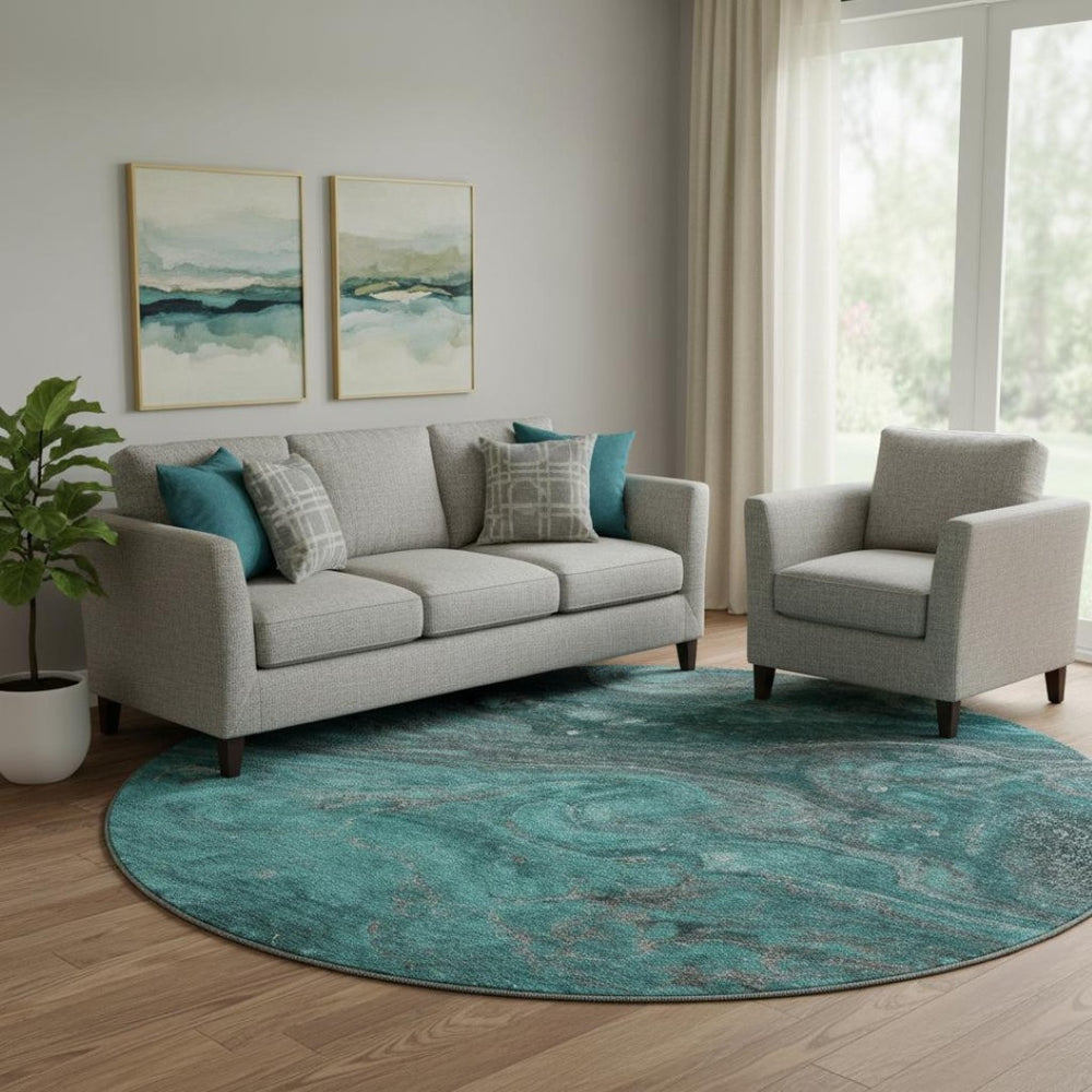 HomeRoots 8' Teal Gray and Ivory Abstract Washable Round Rug - Durable, UV-Protected Design for High-Traffic Areas 650851